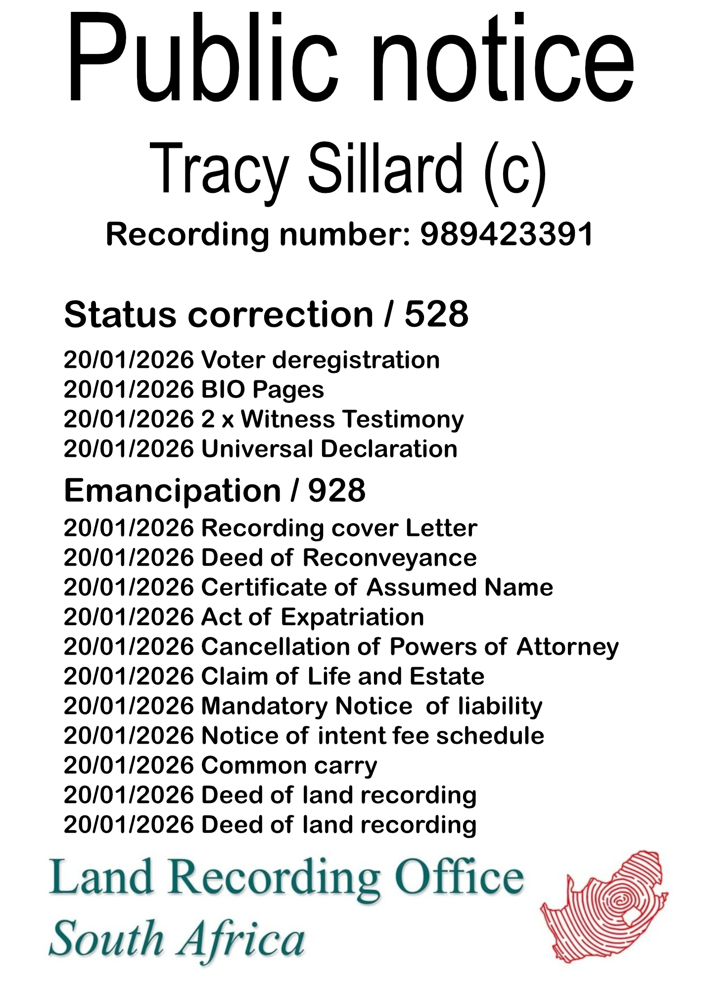 Public notice Tracy Sillard Recording number 989423391